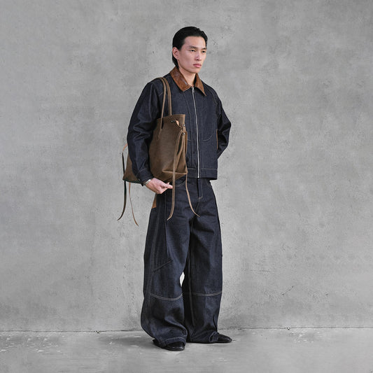 Hybrid Pattern Zip Up Raw Denim Jacket