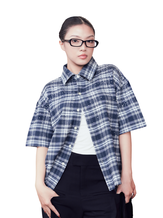 Plaid Rhinestone Boxy Shirt