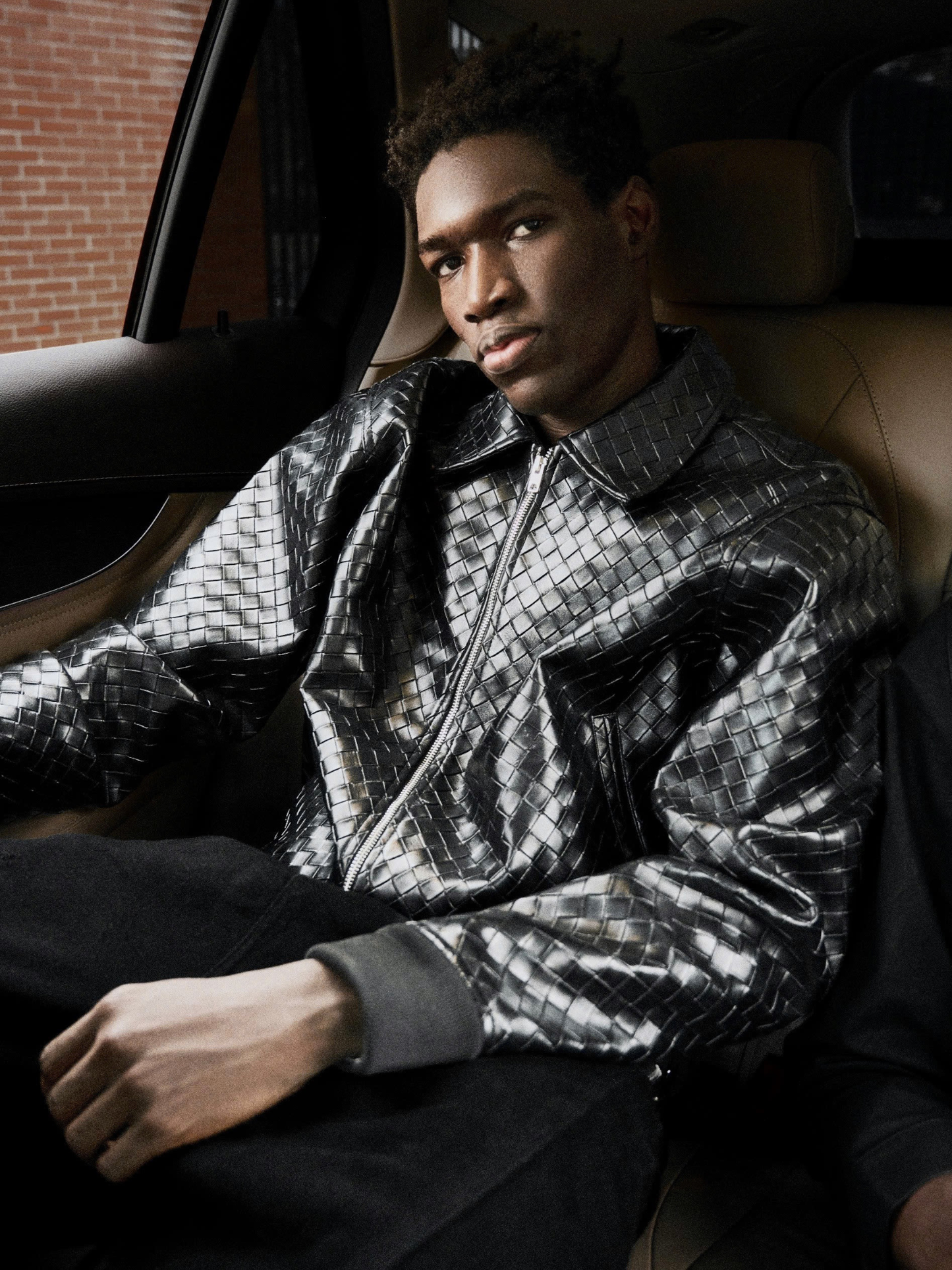 Faux Woven Leather Bomber
