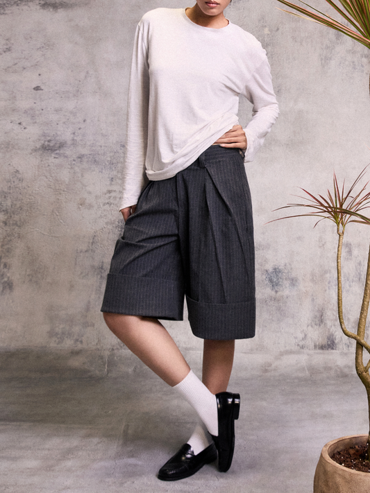 Knife Pleated Striped Shorts