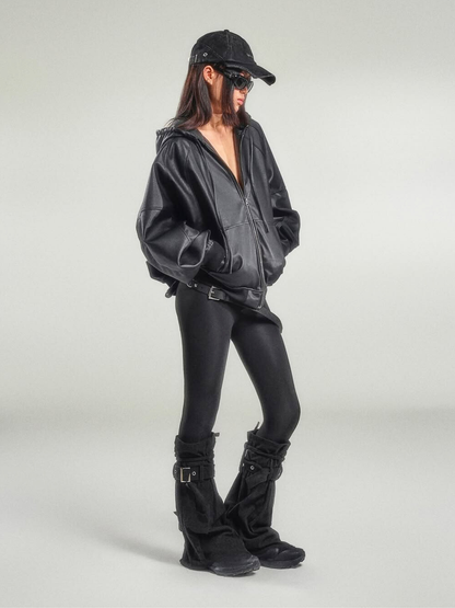 Oversized Leather Zip Hoodie