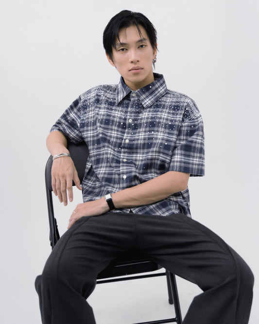 Plaid Rhinestone Boxy Shirt