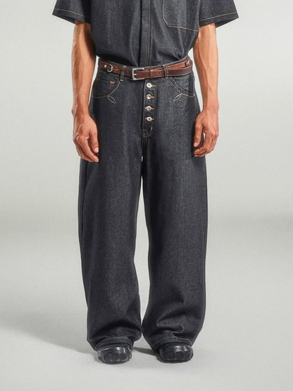 Fly Button Raw Denim Pants