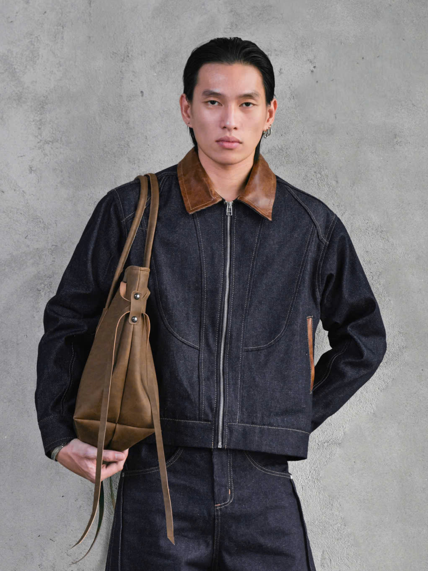 Hybrid Pattern Zip Up Raw Denim Jacket