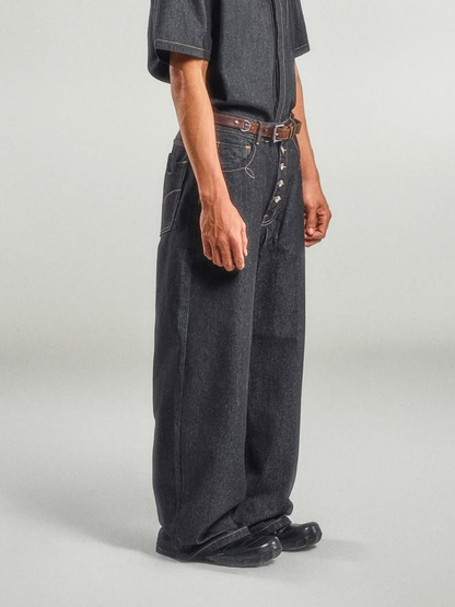 Fly Button Raw Denim Pants