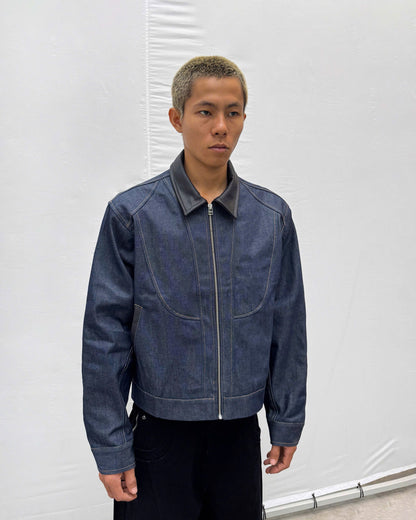 Pattern Zip Up Raw Denim Jacket