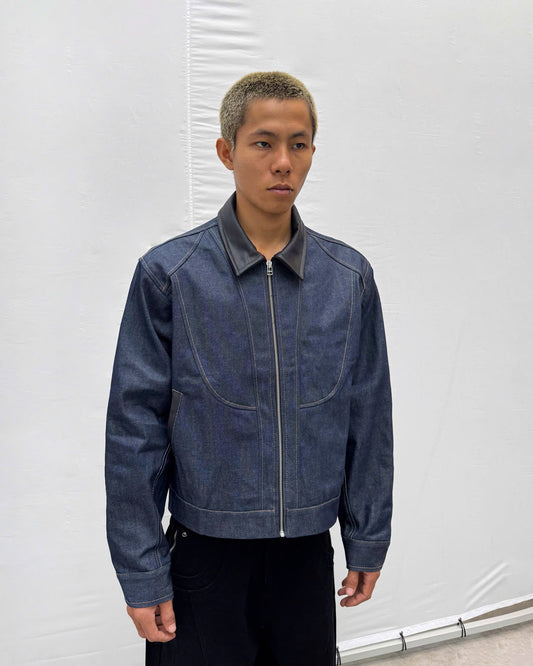 Pattern Zip Up Raw Denim Jacket