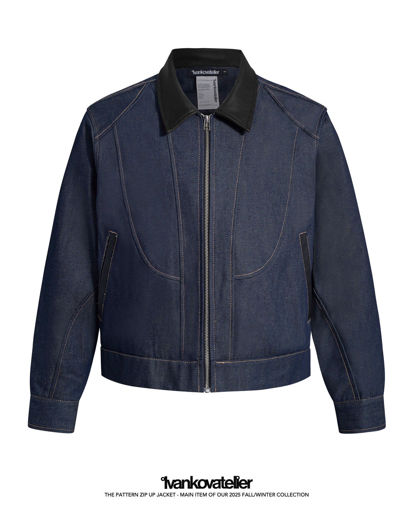 Pattern Zip Up Raw Denim Jacket