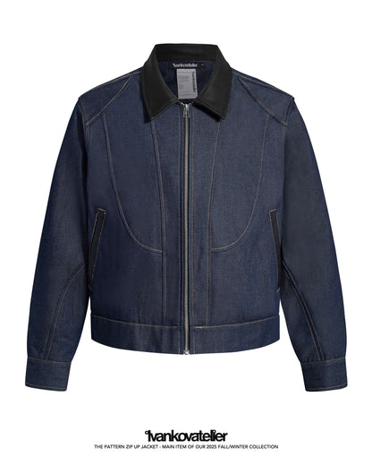 Pattern Zip Up Raw Denim Jacket