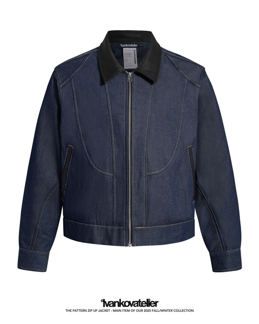 Pattern Zip Up Raw Denim Jacket