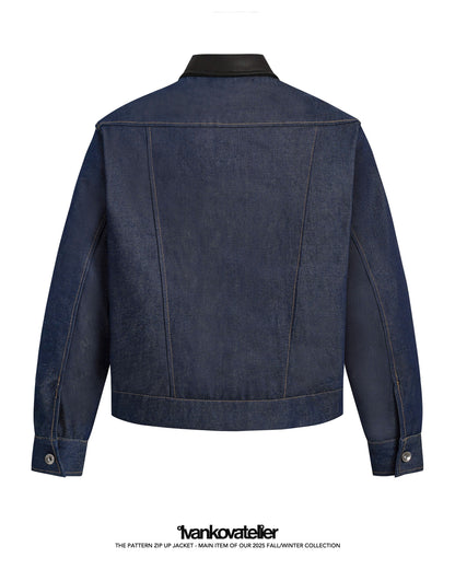 Pattern Zip Up Raw Denim Jacket